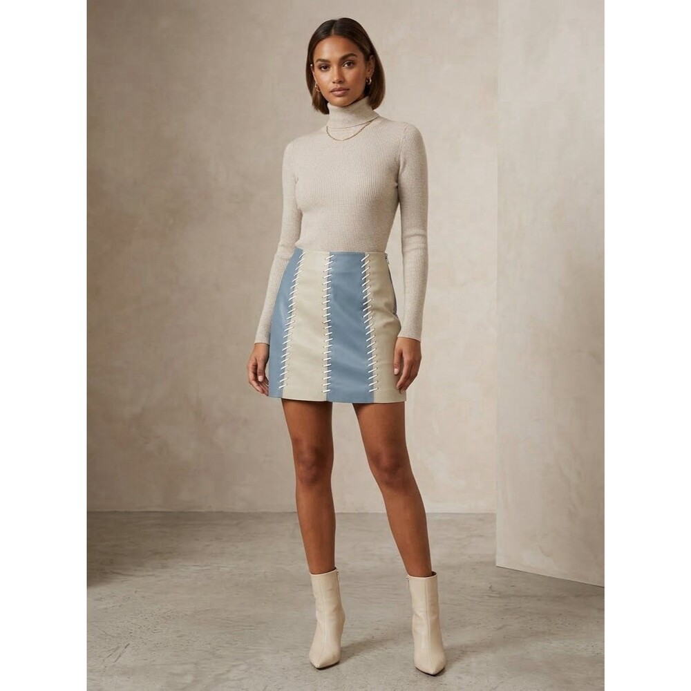 Francesca’s NWT Women’s Blue And Beige Faux Leather Skirt Size Small